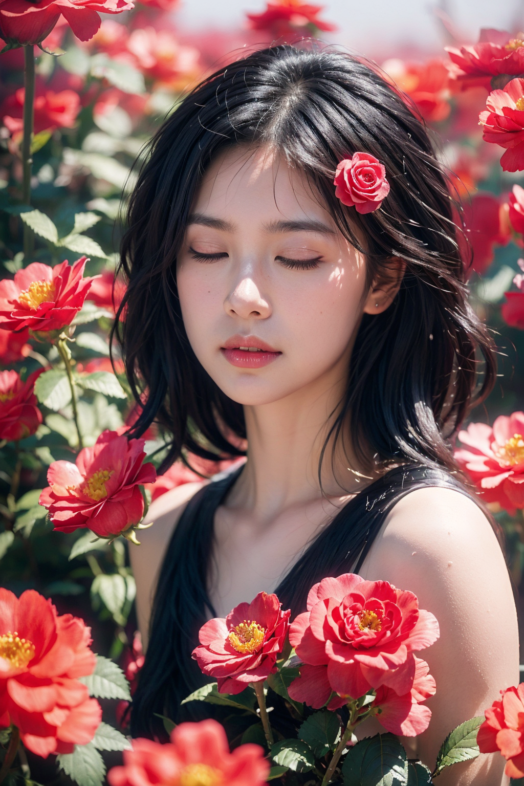 43189177-2161571451-(Masterpiece, Best Quality), Flowers, Solo, 1 Beautiful Girl, Black Hair, Feminine Focus, Pink Flowers, Water, Moist Air, Haze,.png